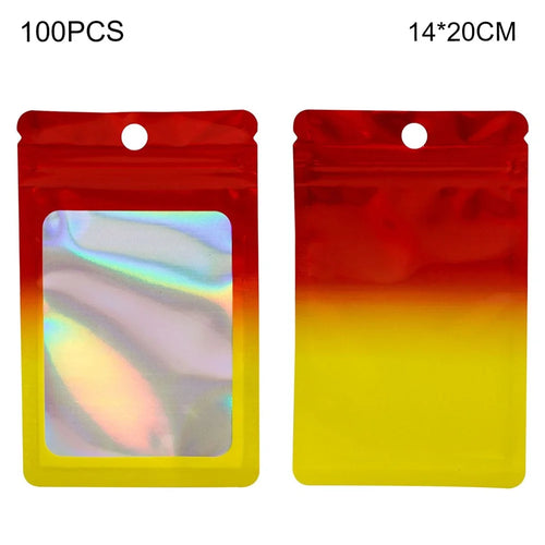 MX-109 100Pcs Resealable Holographic Bags 14x20cm 14C Ziplock Packing Pouch Bags with Clear Matte Window - Red+Yellow - 1
