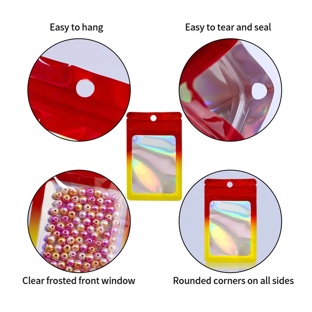 MX-109 100Pcs Resealable Holographic Bags 14x20cm 14C Ziplock Packing Pouch Bags with Clear Matte Window - Red+Yellow - 2
