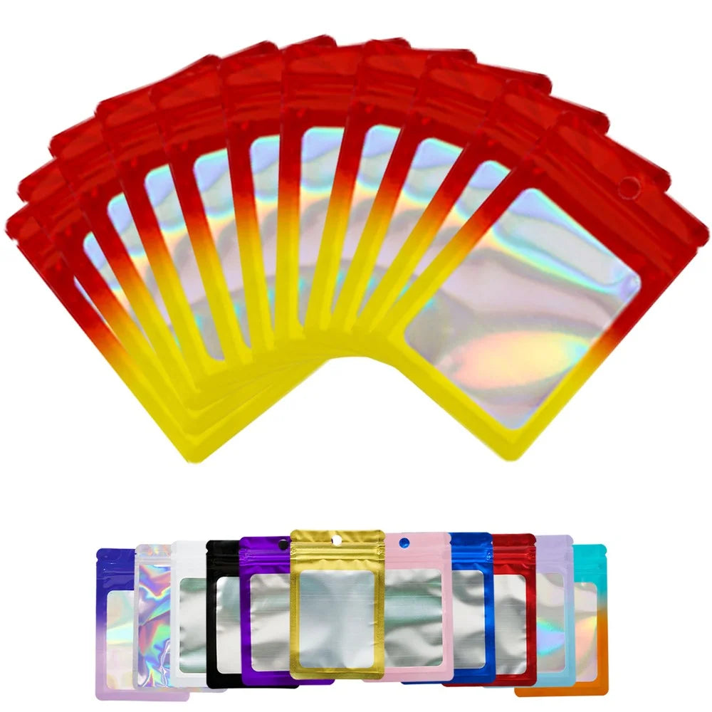 MX-109 100Pcs Resealable Holographic Bags 14x20cm 14C Ziplock Packing Pouch Bags with Clear Matte Window - Red+Yellow - 6