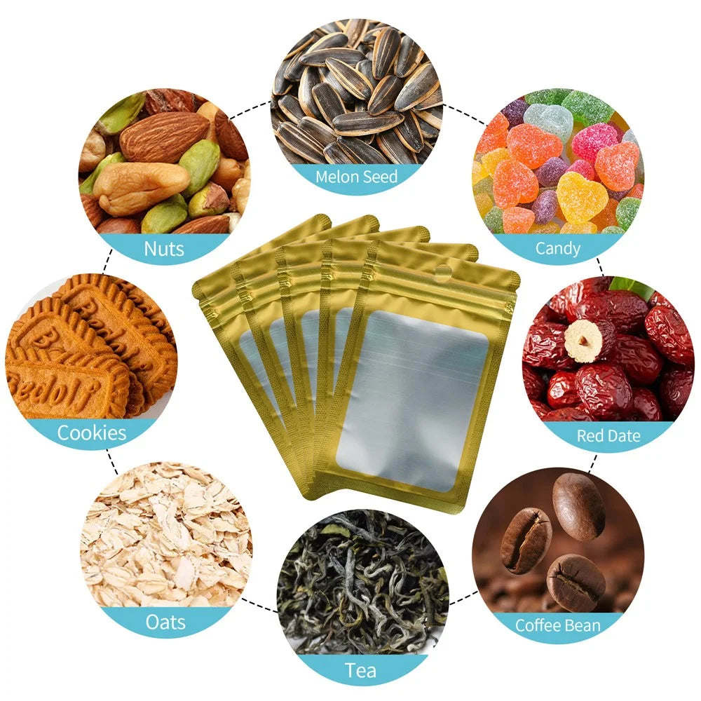 MX-109 100Pcs 7.5x12cm 14C Food Storage Sealing Bags with Clear Frosted Window (No FDA, BPA-Free) - Gold - 5