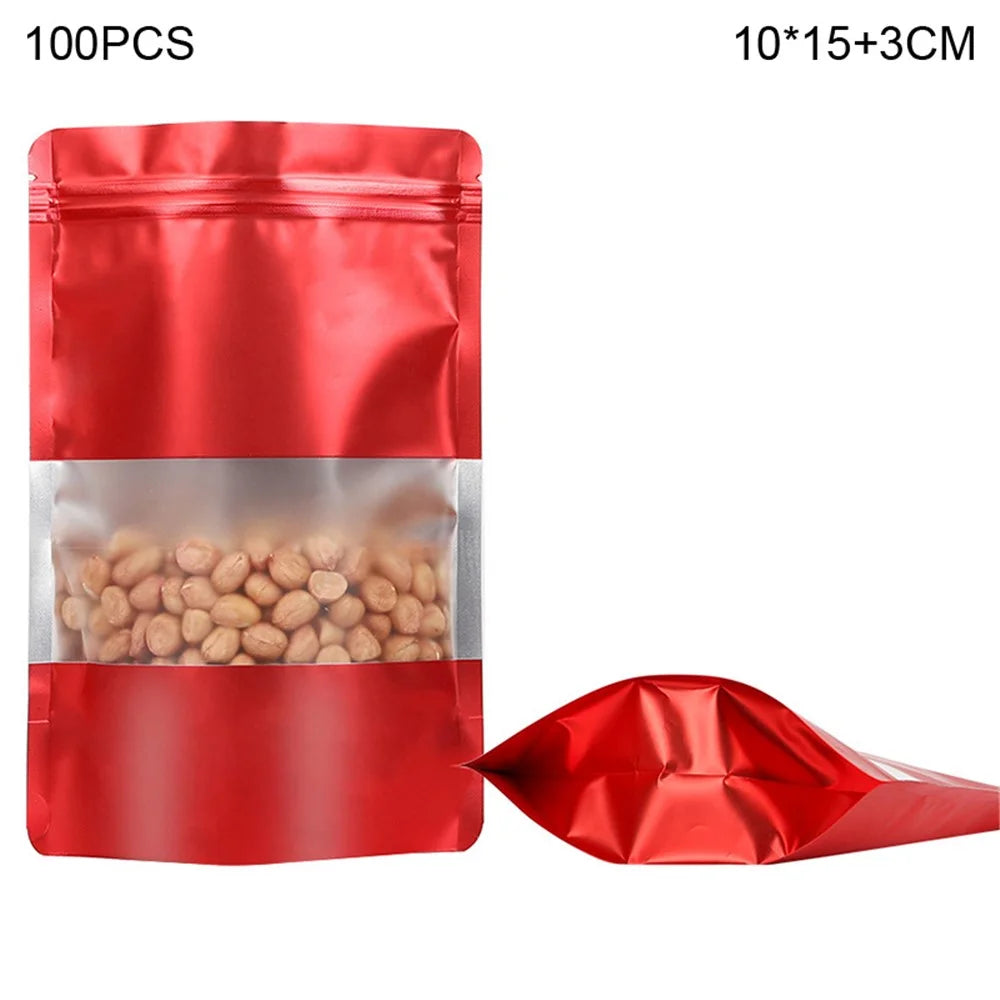 MX-104 100Pcs 10x15cm+3cm 20C Clear Window Food Bags Color Stand-Up Ziplock Storage Bag - Red - 1
