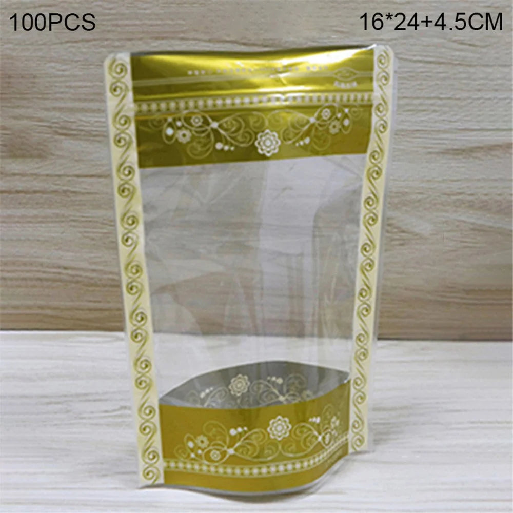 MX-066 100Pcs 16x24cm+4.5cm Stand Up Packaging Bags 13C Lace Pattern Design Food Storage Pouch - 1