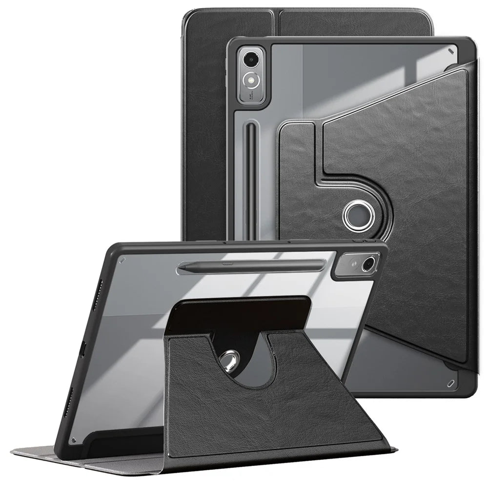 For Lenovo Tab P12 TB371FC Case Leather+Acrylic+TPU Stand Tablet Cover with Auto Wake / Sleep - Black - 1