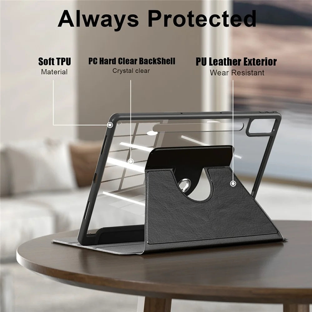 For Lenovo Tab P12 TB371FC Case Leather+Acrylic+TPU Stand Tablet Cover with Auto Wake / Sleep - Black - 6
