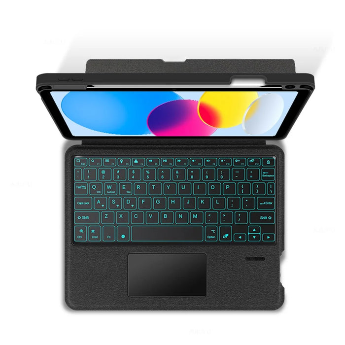 For iPad (2025) / 10.9 (2022) Leather Case + Bluetooth-Compatible Keyboard with Backlight Trackpad - Black - 2