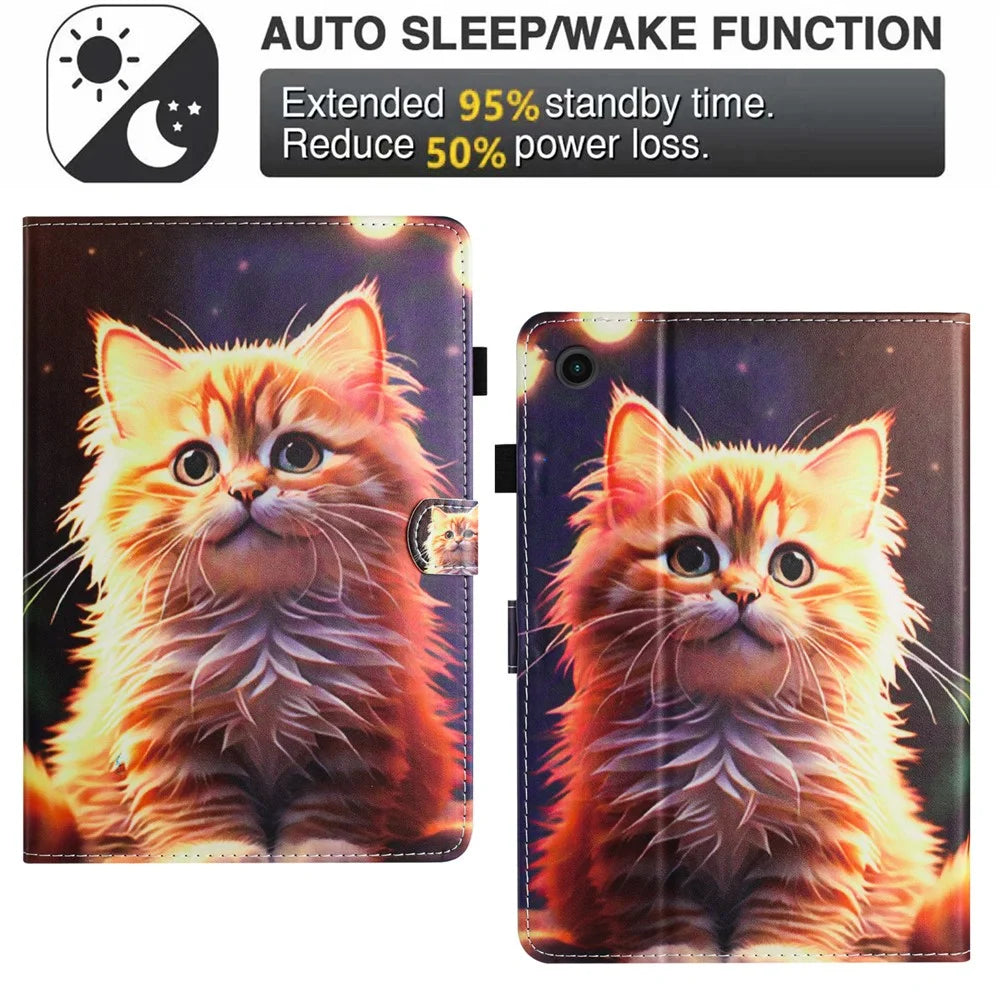 For Samsung Galaxy Tab A11 / A9   Tablet Stand Cover PU Leather Shell Pattern Case with Card Slots - Cat - 7