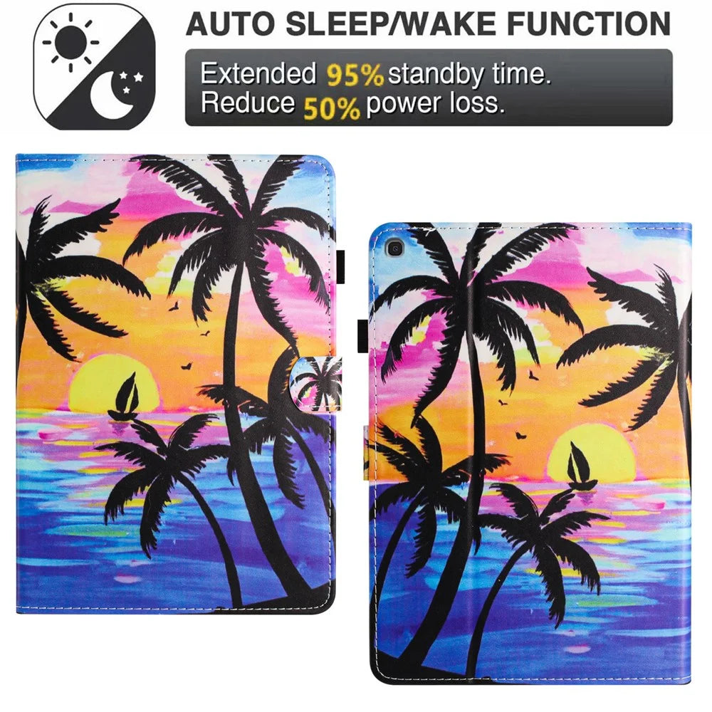 For Samsung Galaxy Tab A7 Lite 8.7-Inch T220 Anti-Drop PU Leather Case Tablet Cover with Card Slots - Coconut Tree - 7