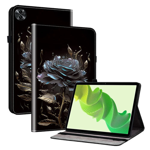 For Realme Pad 2 Case PU Leather Folio Pattern Tablet Cover with Card Slot / Pen Loop Holder - Black Rose - 1