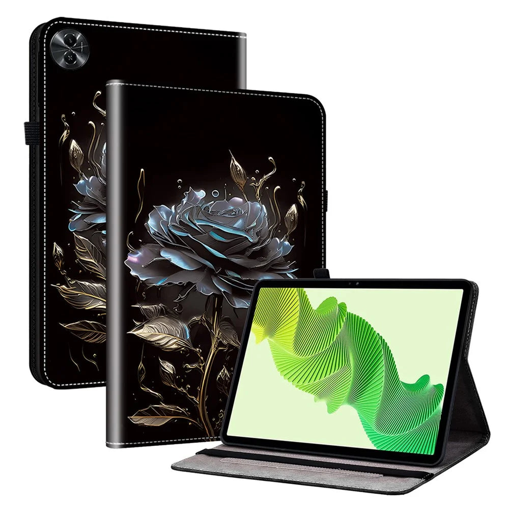 For Realme Pad 2 Case PU Leather Folio Pattern Tablet Cover with Card Slot / Pen Loop Holder - Black Rose - 1