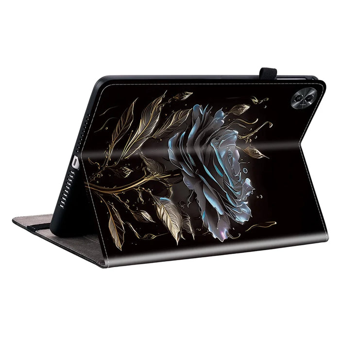 For Realme Pad 2 Case PU Leather Folio Pattern Tablet Cover with Card Slot / Pen Loop Holder - Black Rose - 3