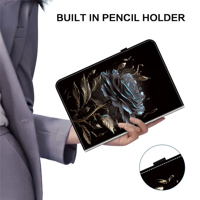 For Realme Pad 2 Case PU Leather Folio Pattern Tablet Cover with Card Slot / Pen Loop Holder - Black Rose - 7