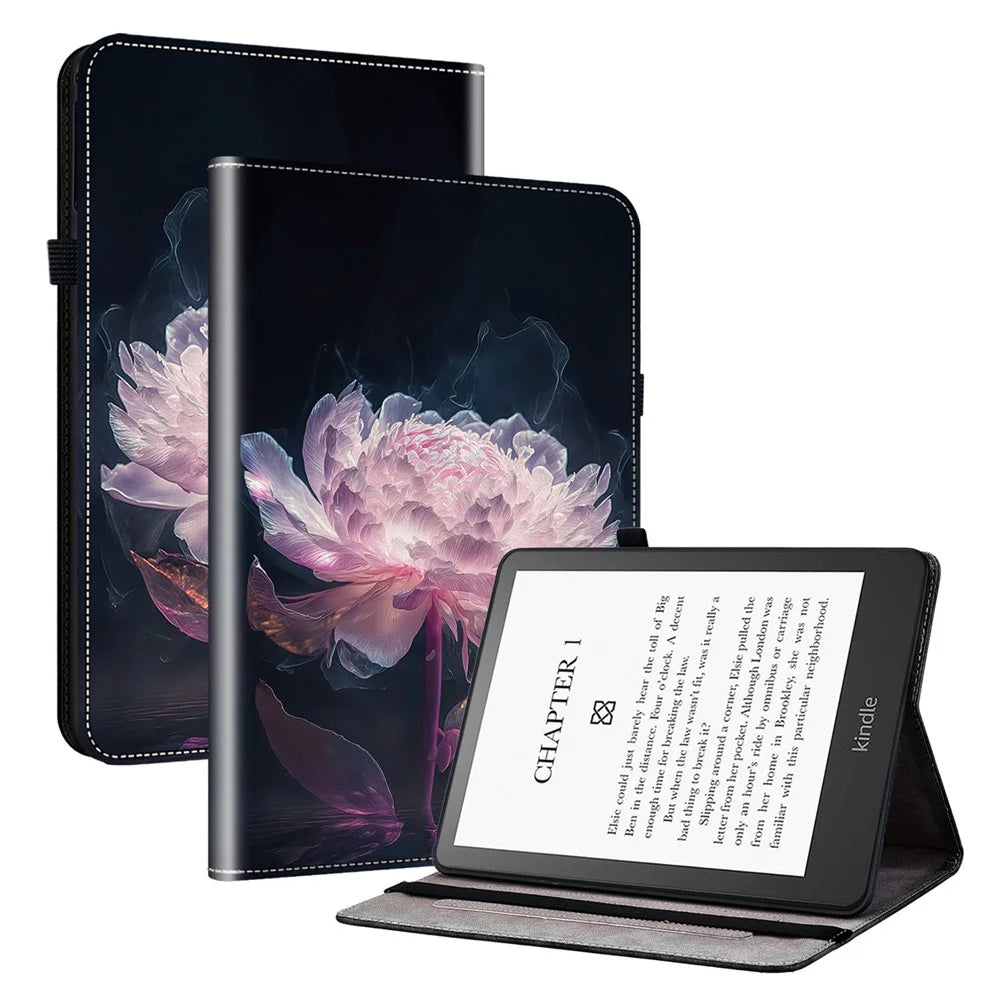 For Amazon Kindle Paperwhite 5 (2021) Case Pattern PU Leather Stand Card Slots Protective Cover - Purple Peony - 1