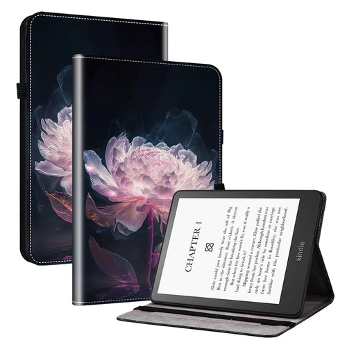 For Amazon Kindle Paperwhite 5 (2021) Case Pattern PU Leather Stand Card Slots Protective Cover - Purple Peony - 1