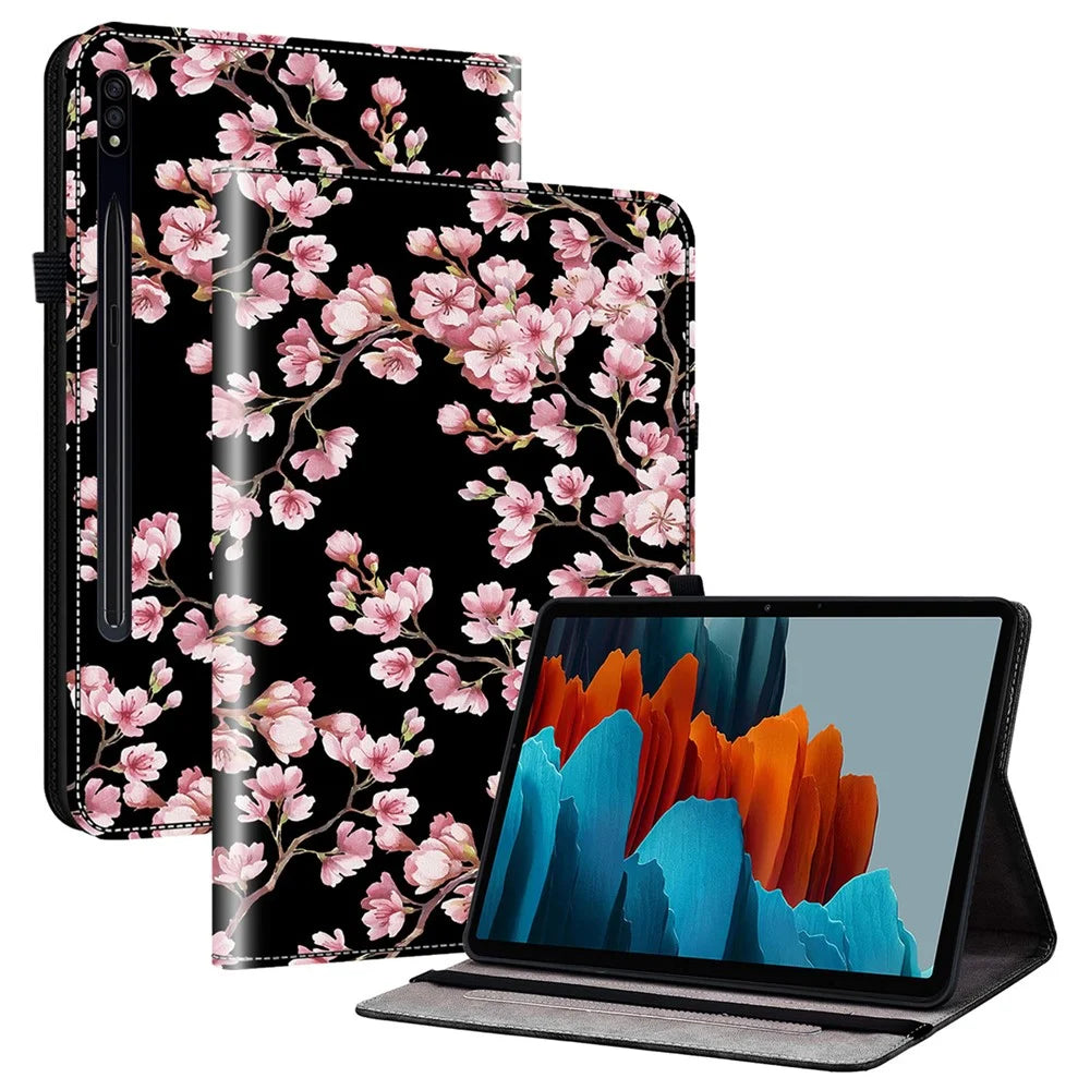 For Samsung Galaxy Tab S7+ / S7 FE / S8+ Case PU Leather Flip Cover Pattern Printing Anti-Drop Tablet Shell - Plum Blossom - 1