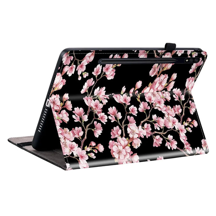 For Samsung Galaxy Tab S7+ / S7 FE / S8+ Case PU Leather Flip Cover Pattern Printing Anti-Drop Tablet Shell - Plum Blossom - 4