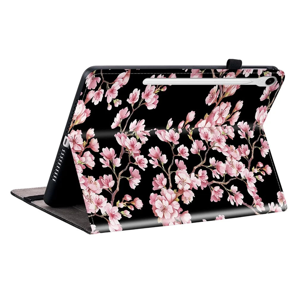 For Samsung Galaxy Tab S9 Tablet Case Anti-Drop Leather Flip Stand Pattern Printing Shell - Plum Blossom - 4