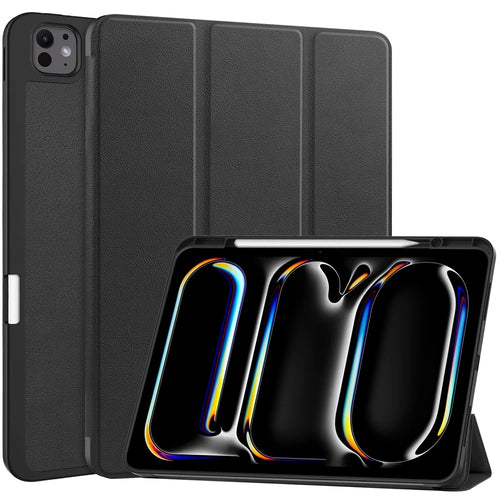 For iPad Pro 13 (2025) / 13 (2024) Stand Case Shock-Absorbent Leather Tablet Cover with Pen Slot - Black - 1