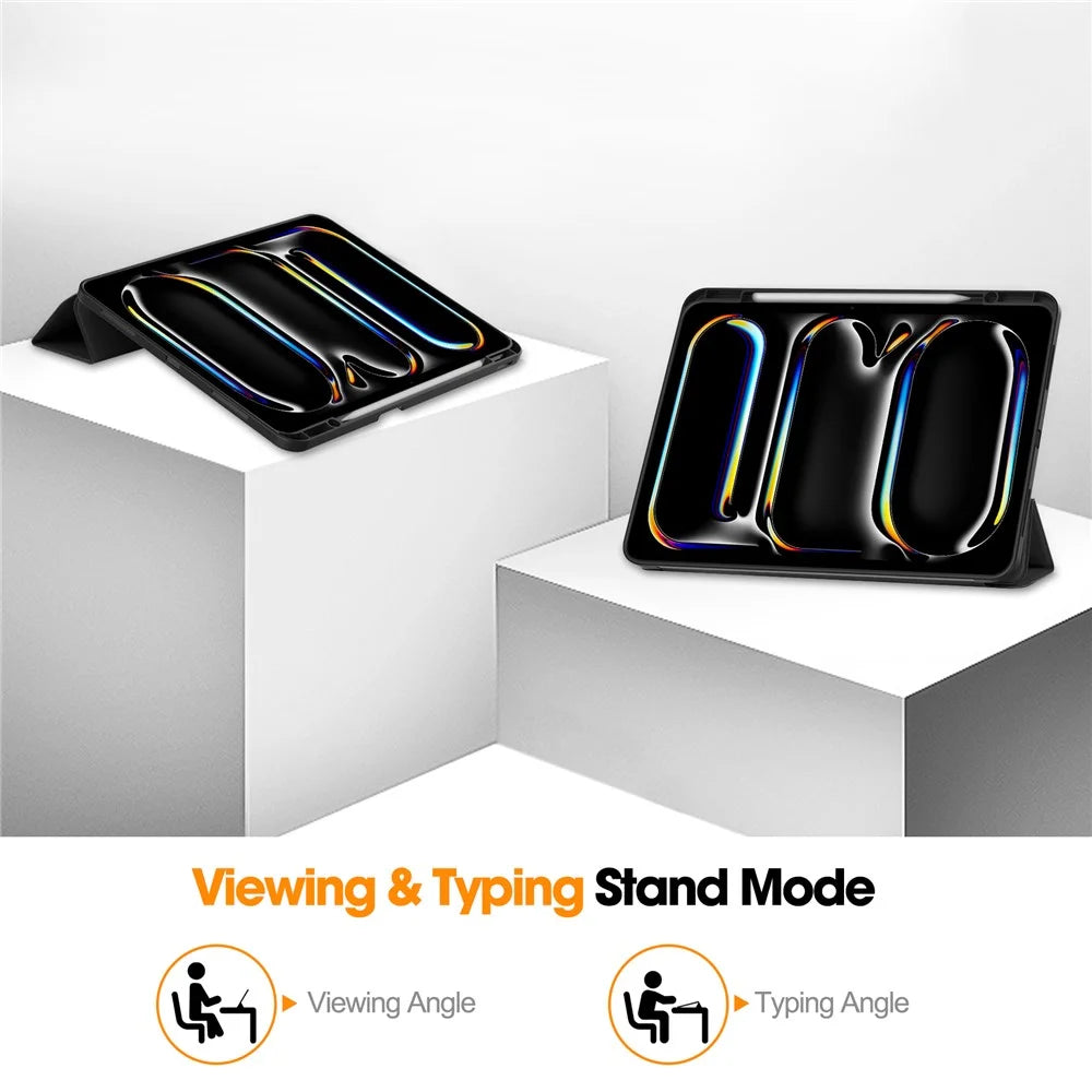 For iPad Pro 13 (2025) / 13 (2024) Stand Case Shock-Absorbent Leather Tablet Cover with Pen Slot - Black - 4