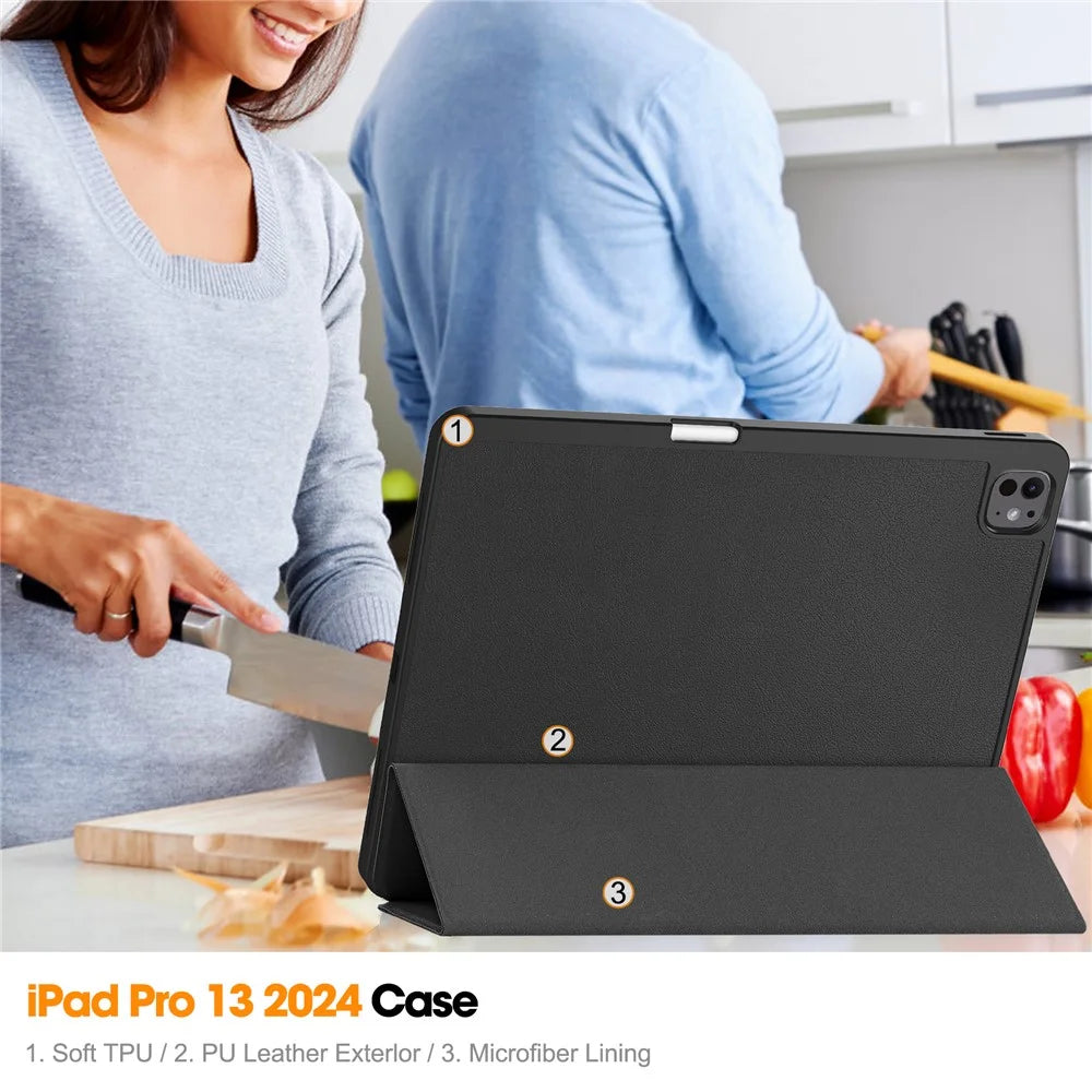 For iPad Pro 13 (2025) / 13 (2024) Stand Case Shock-Absorbent Leather Tablet Cover with Pen Slot - Black - 7