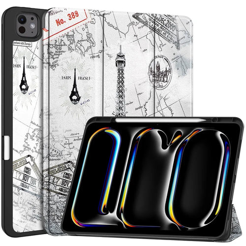 For iPad Pro 13 (2025) / 13 (2024) Tablet Case Pattern Printing Tri-Fold Stand Leather+TPU Cover with Pen Holder - Vintage Tower - 1