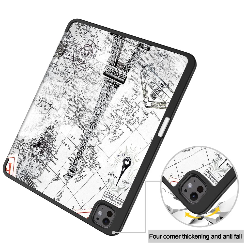 For iPad Pro 13 (2025) / 13 (2024) Tablet Case Pattern Printing Tri-Fold Stand Leather+TPU Cover with Pen Holder - Vintage Tower - 5