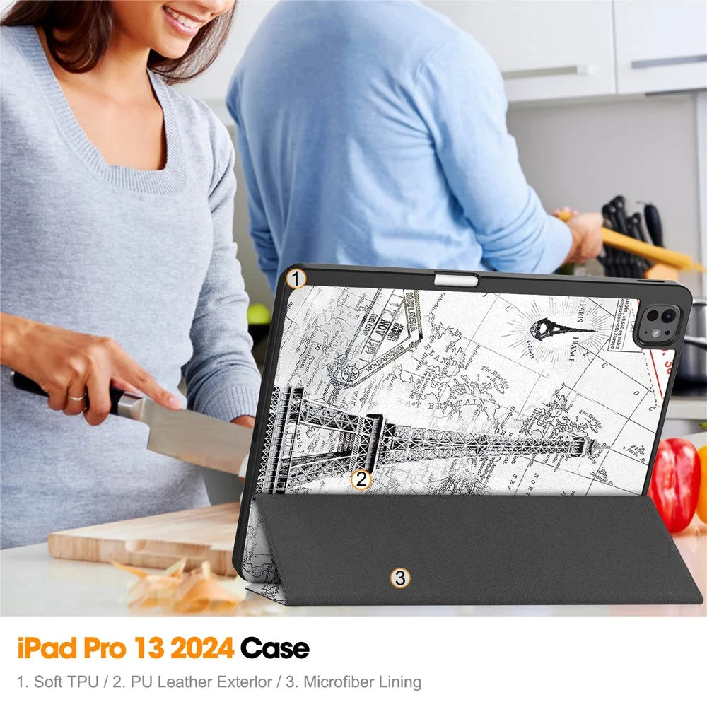 For iPad Pro 13 (2025) / 13 (2024) Tablet Case Pattern Printing Tri-Fold Stand Leather+TPU Cover with Pen Holder - Vintage Tower - 6