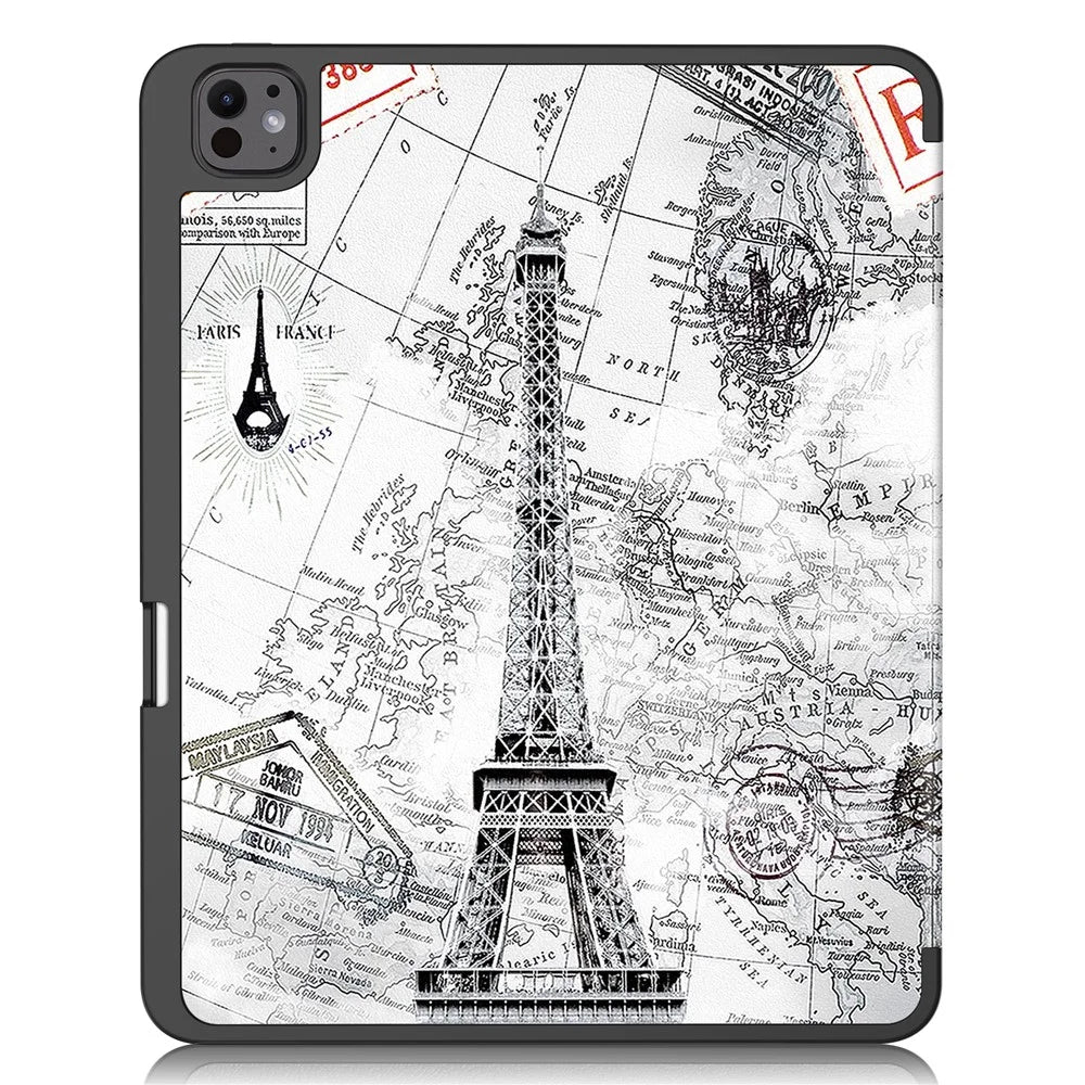 For iPad Pro 13 (2025) / 13 (2024) Tablet Case Pattern Printing Tri-Fold Stand Leather+TPU Cover with Pen Holder - Vintage Tower - 7
