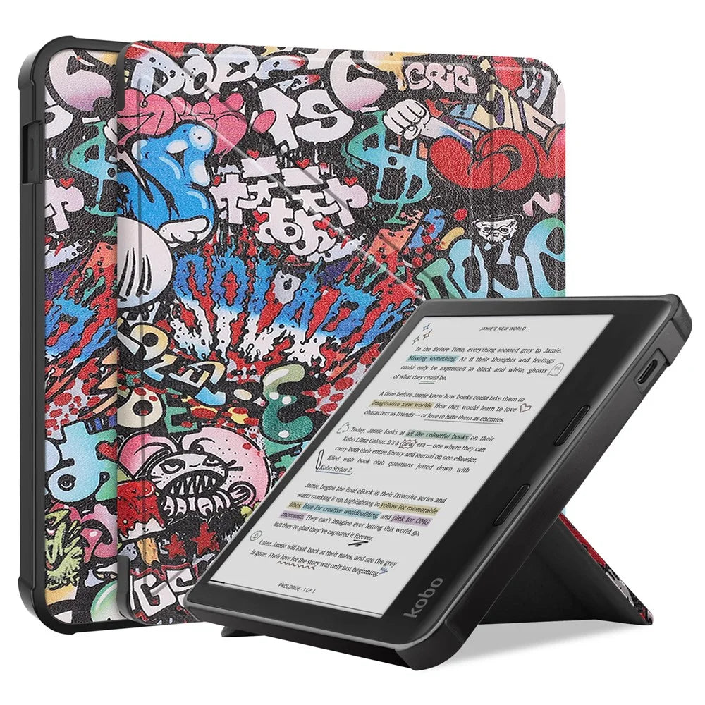 For Kobo Libra Colour Case Pattern Print Leather ebook Reader Cover - Graffiti - 1