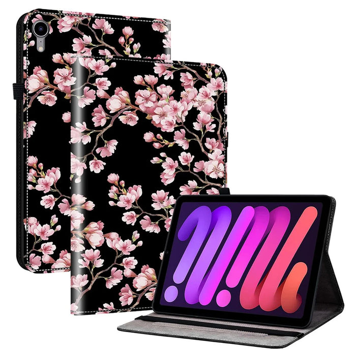 For iPad mini (2024) / mini (2021) Case Pattern PU Leather Stand Folio Tablet Cover with Card Holder - Plum Blossom - 1