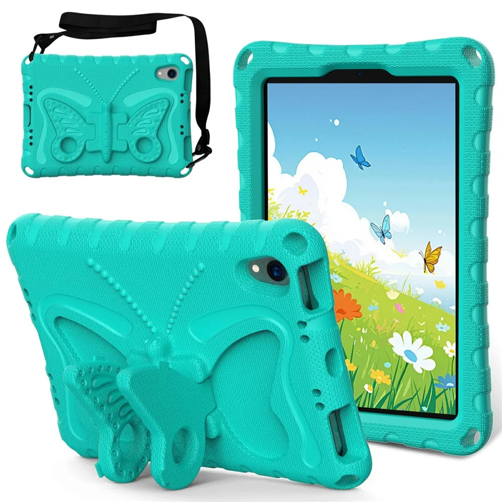 For iPad mini (2024) / mini (2021) Case with Shoulder Strap Butterfly Kickstand Tablet EVA Cover - Mint Green - 1