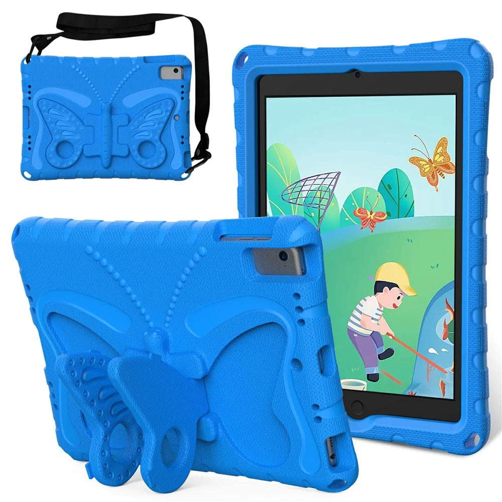 For iPad Air (2013) / Air 2 / iPad 9.7-inch (2017) / (2018) EVA Case Butterfly Kickstand Tablet Cover with Shoulder Strap - Blue - 1