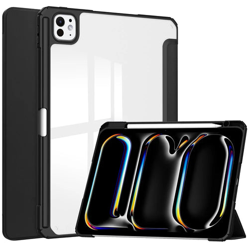 For iPad Pro 13 (2025) / 13 (2024) Case with Pen Slot PU Leather Clear Auto Wake Sleep Tablet Shell - Black - 1