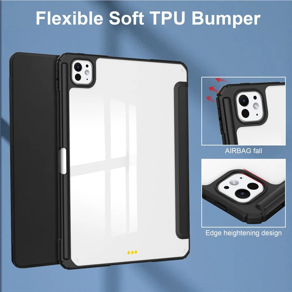For iPad Pro 13 (2025) / 13 (2024) Case with Pen Slot PU Leather Clear Auto Wake Sleep Tablet Shell - Black - 6