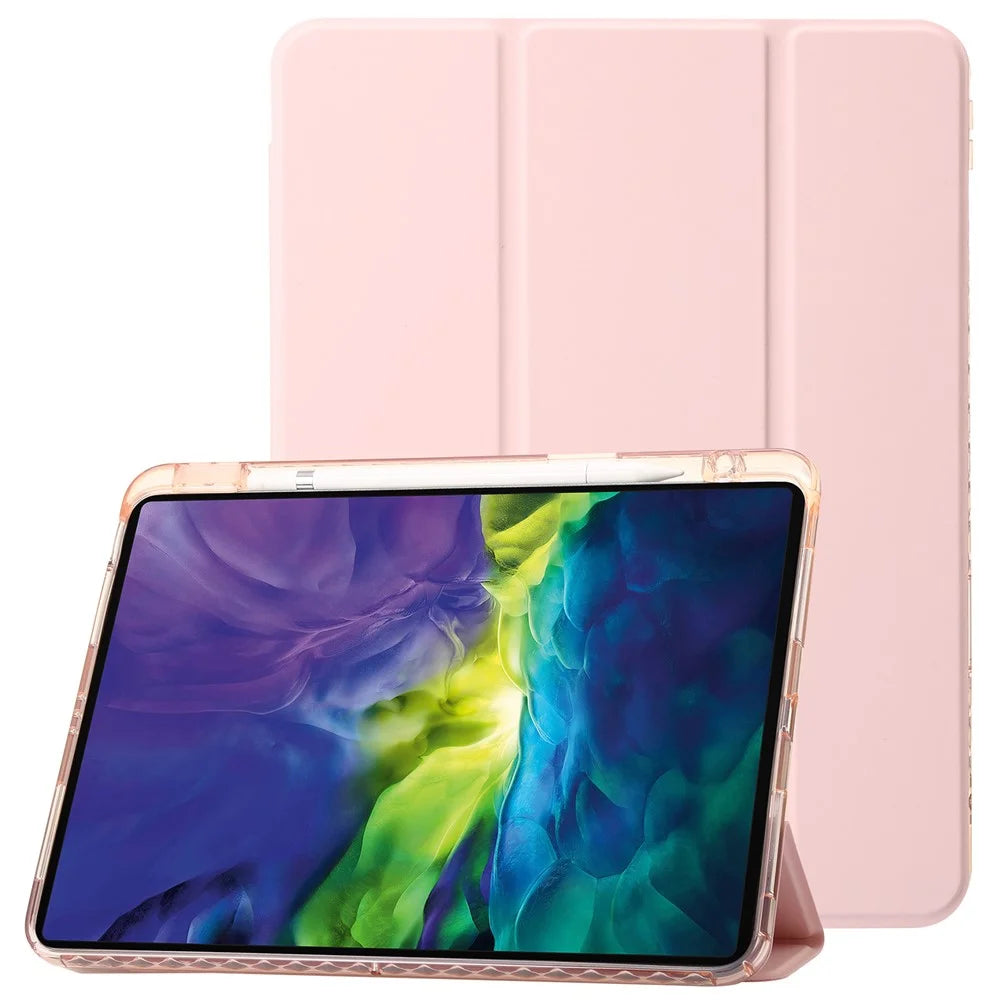 For iPad Pro 11 (2025) / 11 (2024) Case Clear Back PU Leather Tri-Fold Stand Cover with Pencil Holder - Pink - 1