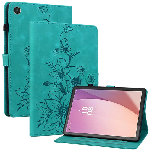 For Lenovo Tab M8 (4th Gen) 2024 TB-301XU / M8 (4th Gen) 2023 TB-300FU Case Card Slots Lily Flower Imprinted Leather Tablet Cover - Green - 1