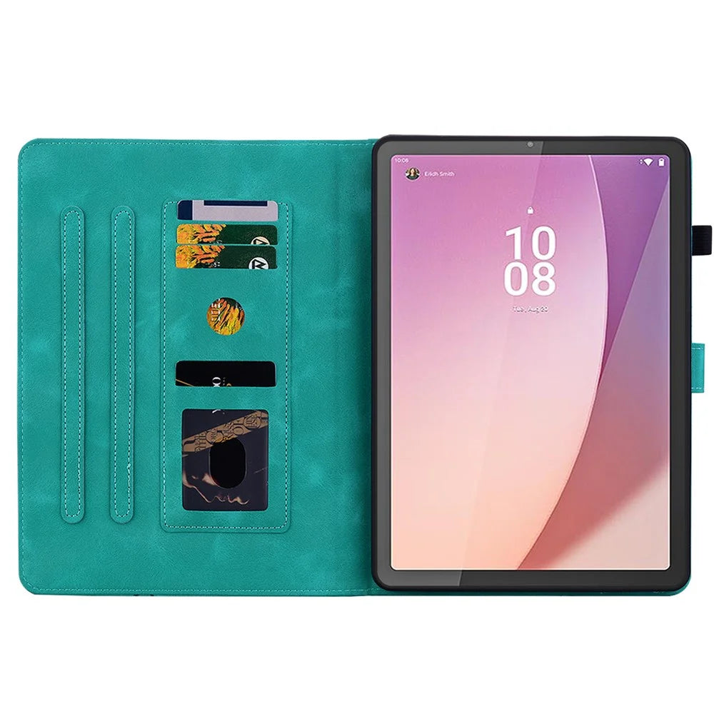 For Lenovo Tab M8 (4th Gen) 2024 TB-301XU / M8 (4th Gen) 2023 TB-300FU Case Card Slots Lily Flower Imprinted Leather Tablet Cover - Green - 2