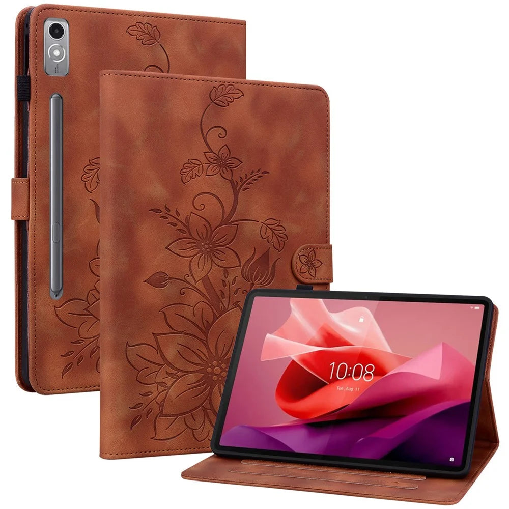 For Lenovo Tab P12 Case Lily Flower Leather Tablet Cover with Card Slots Stand - Brown - 1