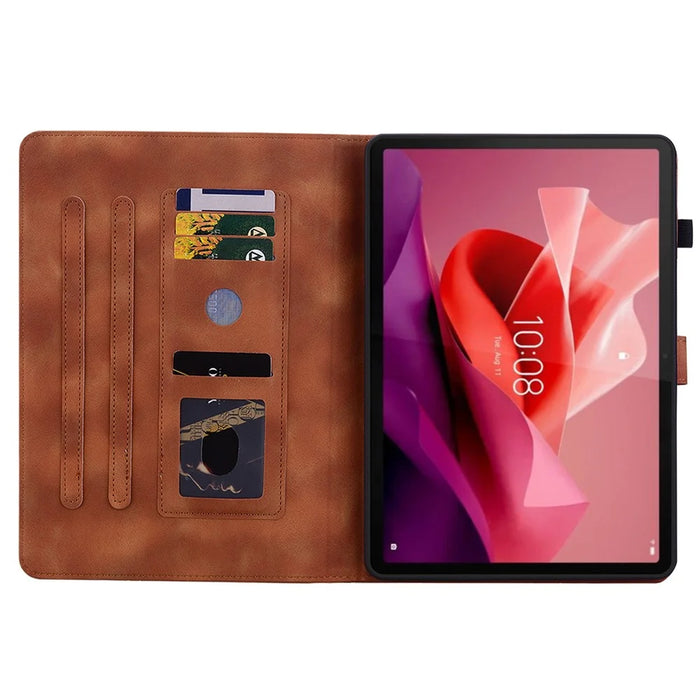 For Lenovo Tab P12 Case Lily Flower Leather Tablet Cover with Card Slots Stand - Brown - 2