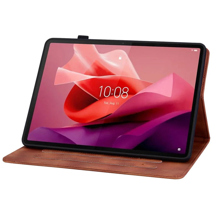 For Lenovo Tab P12 Case Lily Flower Leather Tablet Cover with Card Slots Stand - Brown - 3
