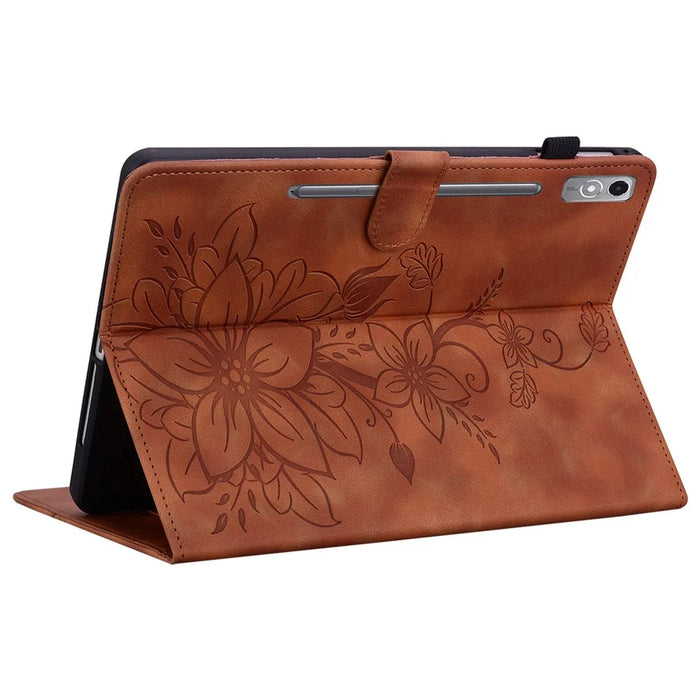 For Lenovo Tab P12 Case Lily Flower Leather Tablet Cover with Card Slots Stand - Brown - 4