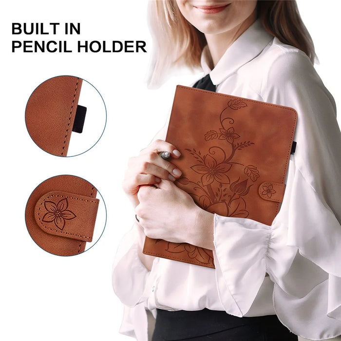 For Lenovo Tab P12 Case Lily Flower Leather Tablet Cover with Card Slots Stand - Brown - 5