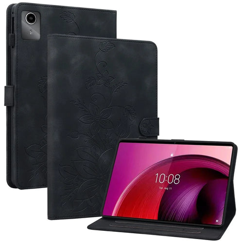 For Lenovo Tab M11 / Xiaoxin Pad 11 2024 Case Card Slots Leather Tablet Cover Lily Flower  - Black - 1