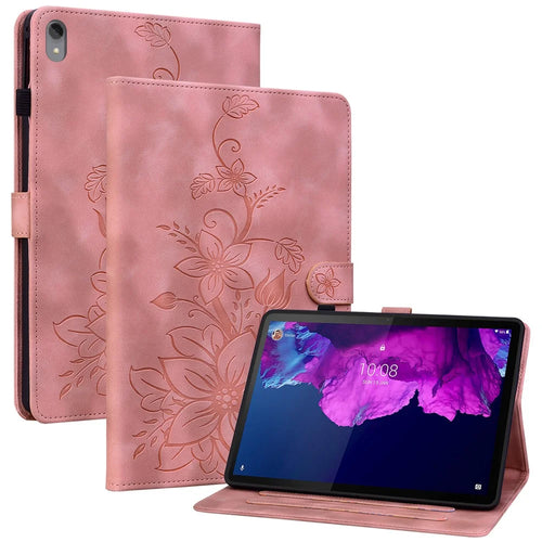 For Lenovo Tab P11 TB-J606F Leather Case Card Slots Lily Flower Pattern Tablet Cover - Pink - 1