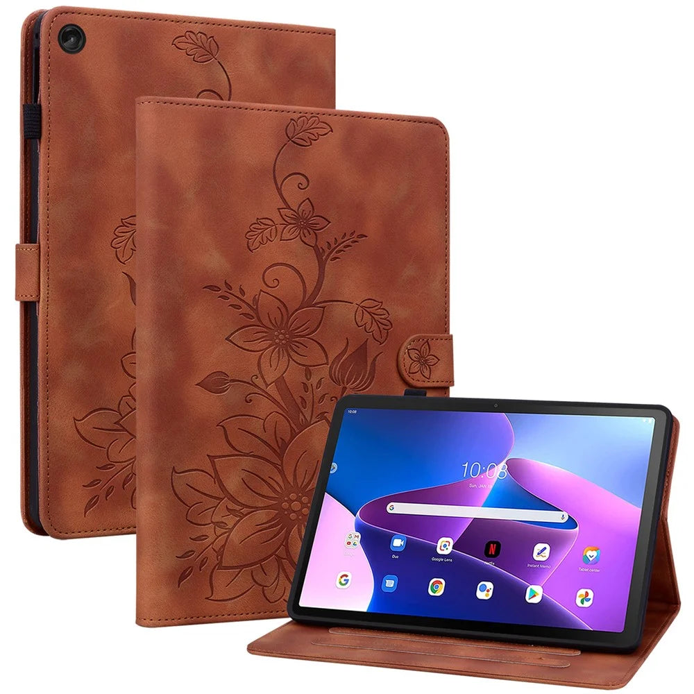 For Lenovo Tab M10 Plus (3rd Gen) Case Lily Flower Design PU Leather Folio Stand Cover - Brown - 1