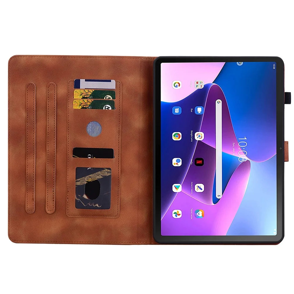 For Lenovo Tab M10 Plus (3rd Gen) Case Lily Flower Design PU Leather Folio Stand Cover - Brown - 2