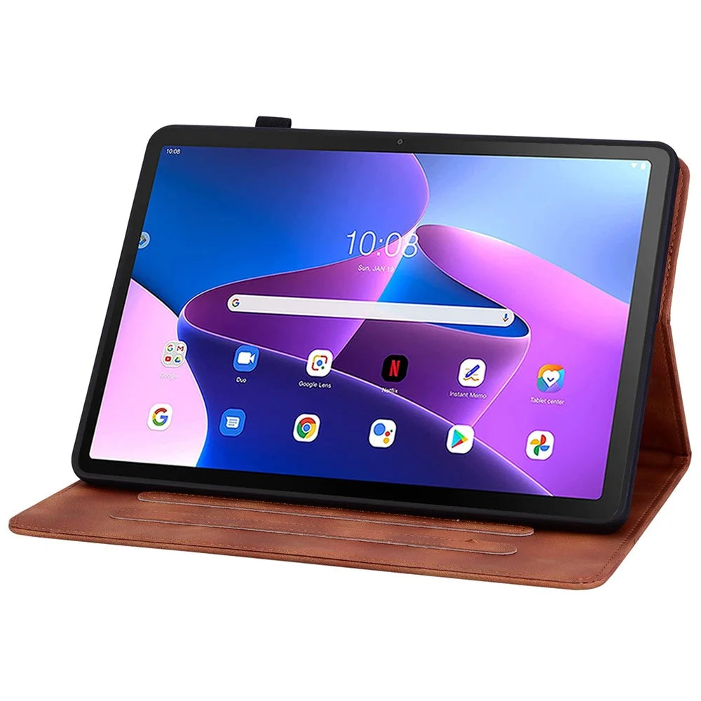 For Lenovo Tab M10 Plus (3rd Gen) Case Lily Flower Design PU Leather Folio Stand Cover - Brown - 3