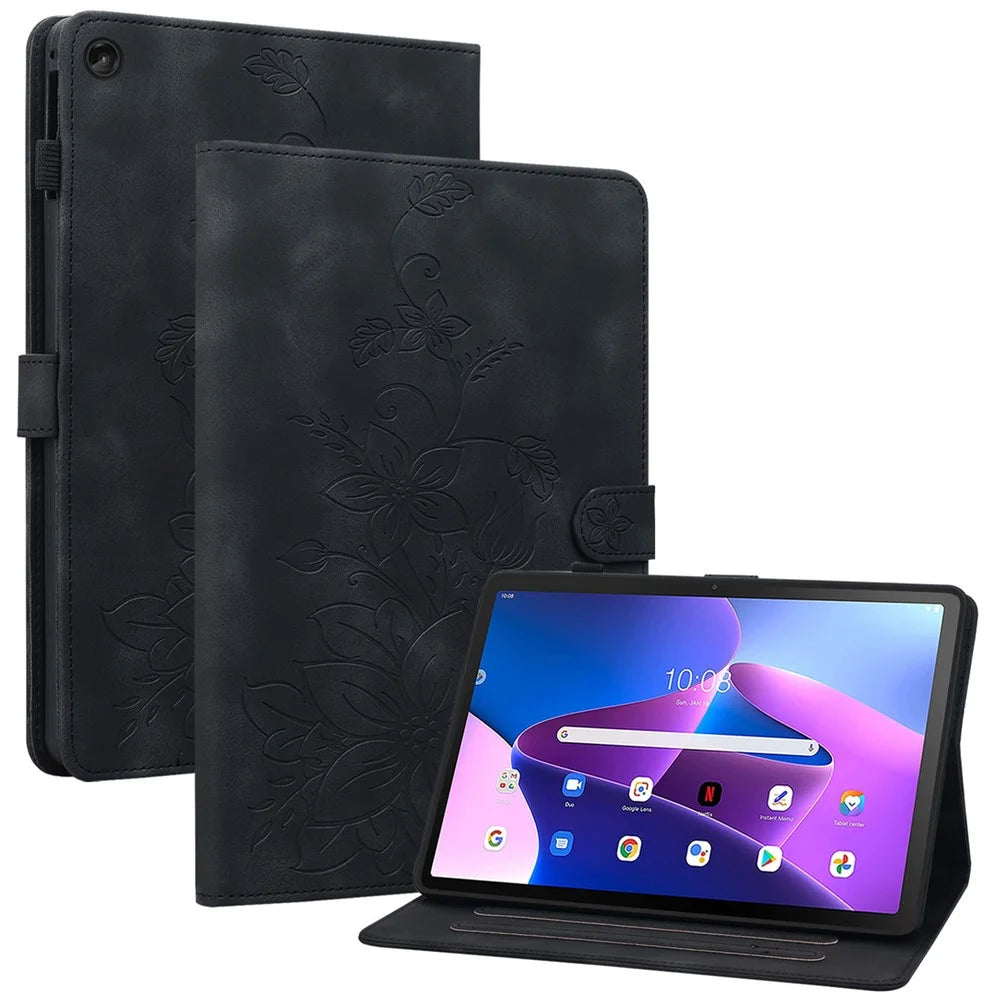 For Lenovo Tab M10 (Gen 3) Case Card Holder PU Leather Lily Flower Tablet Cover - Black - 1