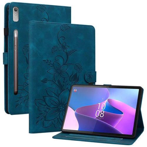 For Lenovo Tab P11 Pro / P11 Pro Gen 2 Case Lily Flower Imprinted Leather Tablet Flip Cover with Card Slot - Blue - 1
