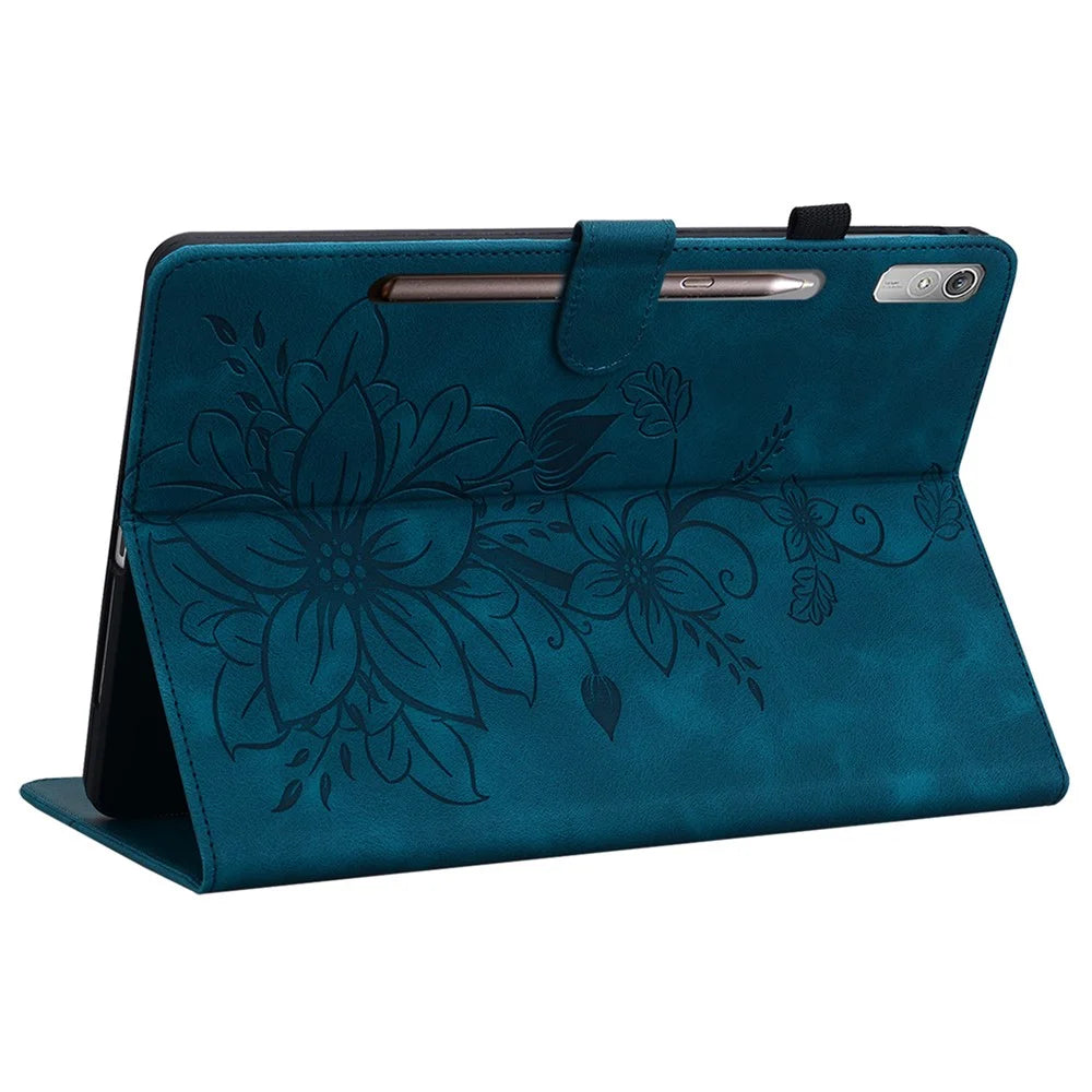 For Lenovo Tab P11 Pro / P11 Pro Gen 2 Case Lily Flower Imprinted Leather Tablet Flip Cover with Card Slot - Blue - 4