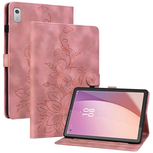 For Lenovo Tab M9 TB-310FU Case Imprinted Lily Flower PU Leather Card Slots Tablet Cover - Pink - 1